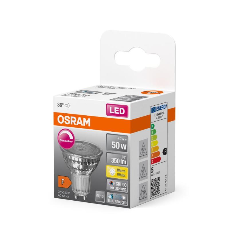 Osram GU10 LED Strahler Superstar Plus PAR16 HD LIGHTING 36° dimmbar 2700K 4,7W wie 50W CRI90  - sehr gute Farbwiedergabe